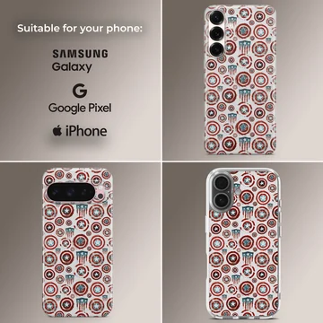 A phone case featuring a repeating graphic pattern of vintage-style red, white, and blue star shields. — Collage