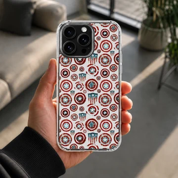 A phone case featuring a repeating graphic pattern of vintage-style red, white, and blue star shields. — Lifestyle