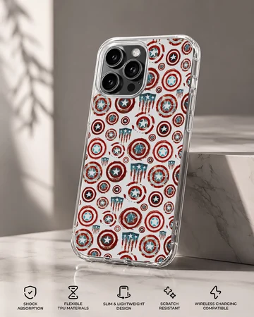 A phone case featuring a repeating graphic pattern of vintage-style red, white, and blue star shields. — Specs