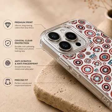 A phone case featuring a repeating graphic pattern of vintage-style red, white, and blue star shields. — Info