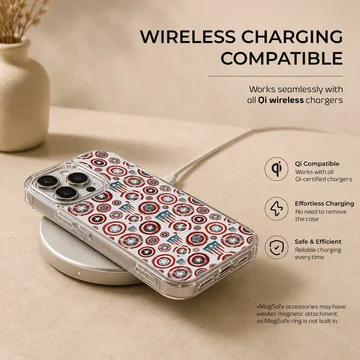 A phone case featuring a repeating graphic pattern of vintage-style red, white, and blue star shields. — Charging