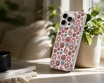 A phone case featuring a repeating graphic pattern of vintage-style red, white, and blue star shields. — Lifestyle