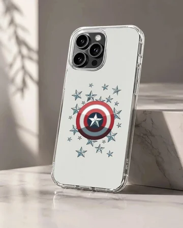 Hero shield graphic surrounded by metallic blue stars on a phone case