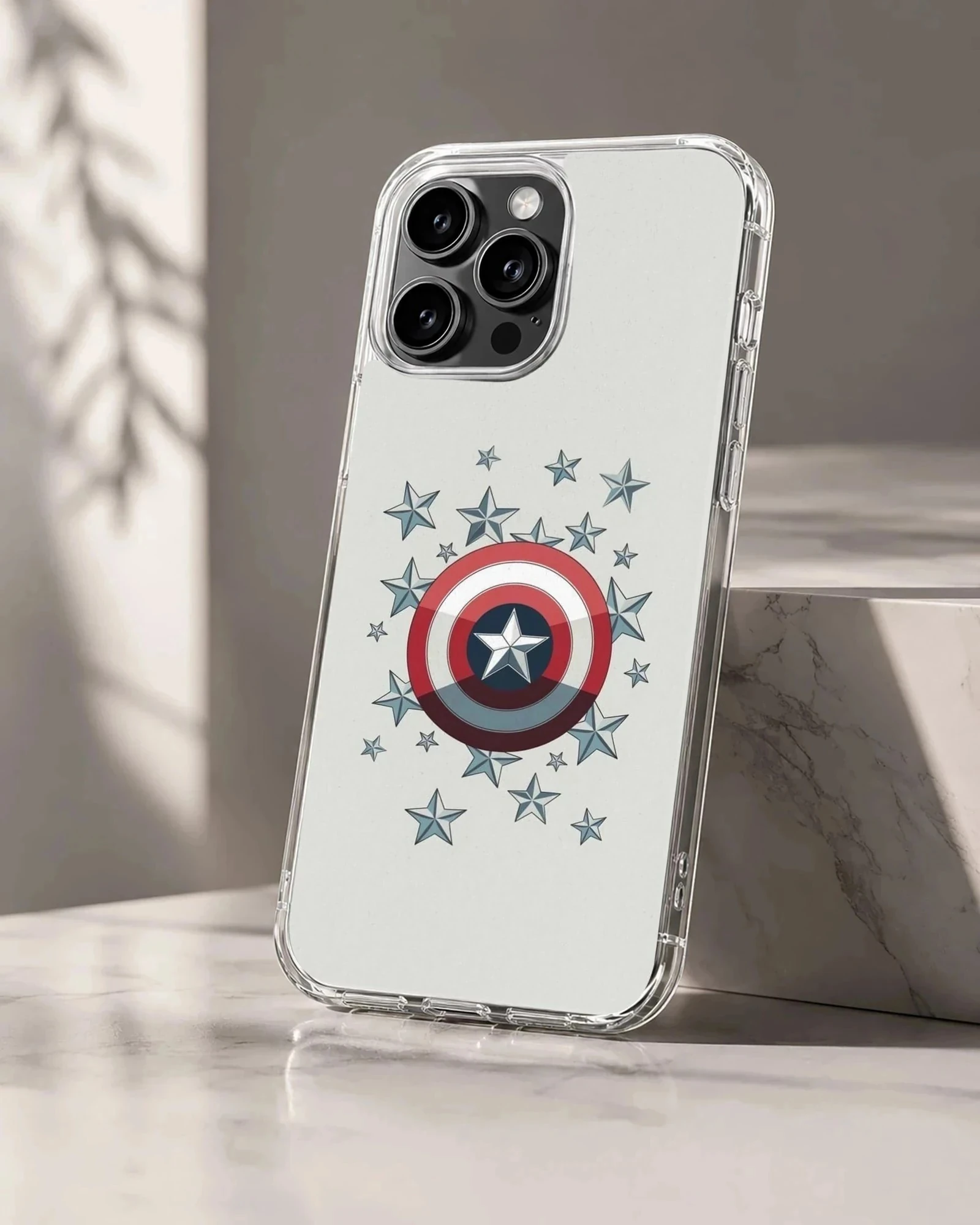 Hero shield graphic surrounded by metallic blue stars on a phone case