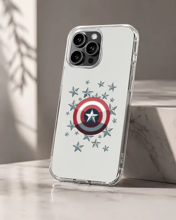 Hero shield graphic surrounded by metallic blue stars on a phone case — Hero