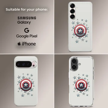 Hero shield graphic surrounded by metallic blue stars on a phone case — Collage