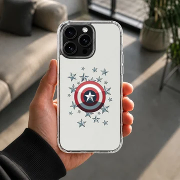 Hero shield graphic surrounded by metallic blue stars on a phone case — Lifestyle