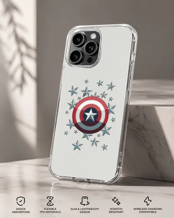 Hero shield graphic surrounded by metallic blue stars on a phone case — Specs