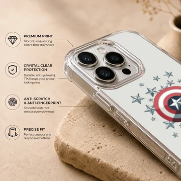 Hero shield graphic surrounded by metallic blue stars on a phone case — Info