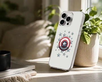 Hero shield graphic surrounded by metallic blue stars on a phone case — Lifestyle