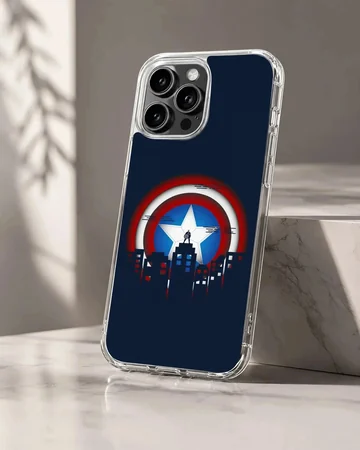 Captain America shield graphic with city skyline artwork on a phone case