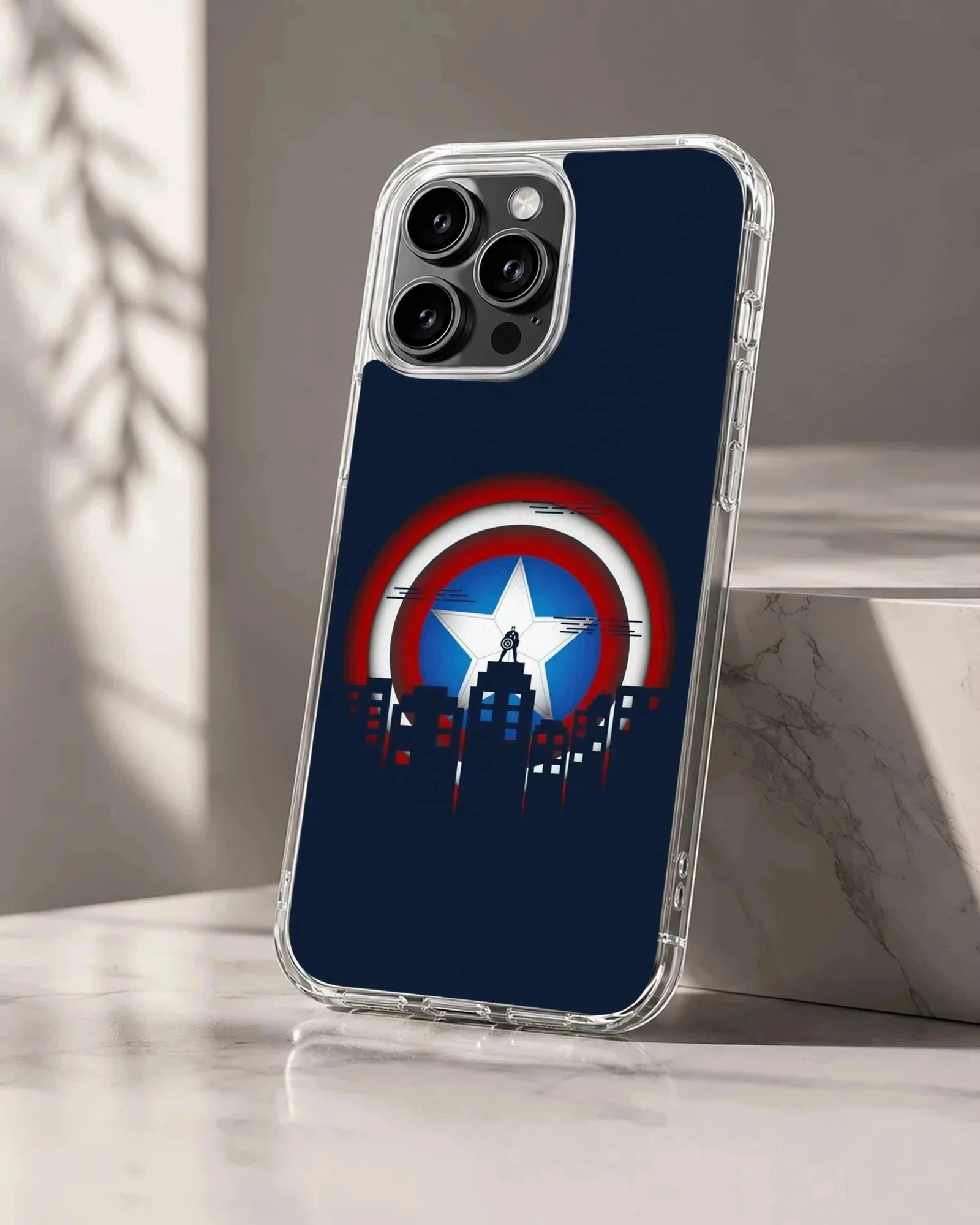 Captain America shield graphic with city skyline artwork on a phone case