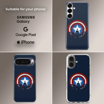 Captain America shield graphic with city skyline artwork on a phone case — Collage