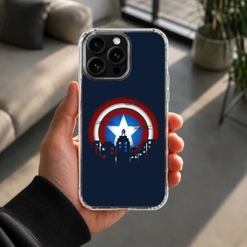 Captain America shield graphic with city skyline artwork on a phone case — Lifestyle
