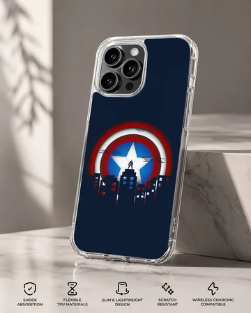 Captain America shield graphic with city skyline artwork on a phone case — Specs
