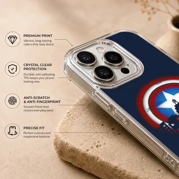 Captain America shield graphic with city skyline artwork on a phone case — Info
