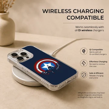 Captain America shield graphic with city skyline artwork on a phone case — Charging