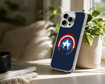 Captain America shield graphic with city skyline artwork on a phone case — Lifestyle