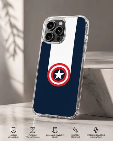Superhero shield graphic centered on a blue background phone case — Specs