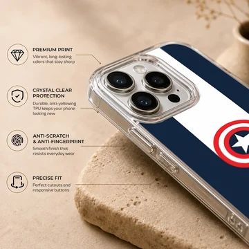 Superhero shield graphic centered on a blue background phone case — Info