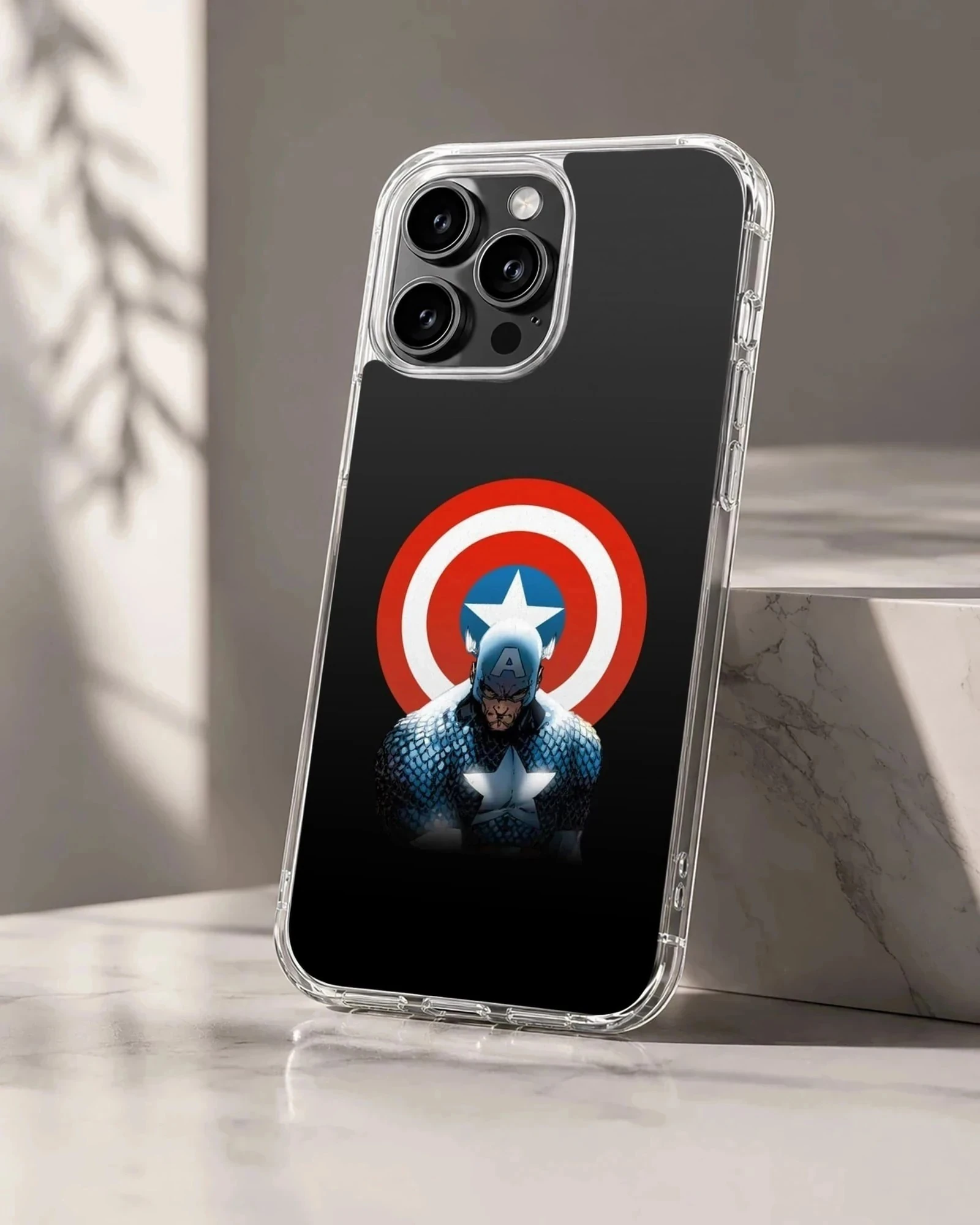 Captain America hero with iconic red, white, and blue shield on a phone case