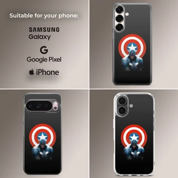 Captain America hero with iconic red, white, and blue shield on a phone case — Collage