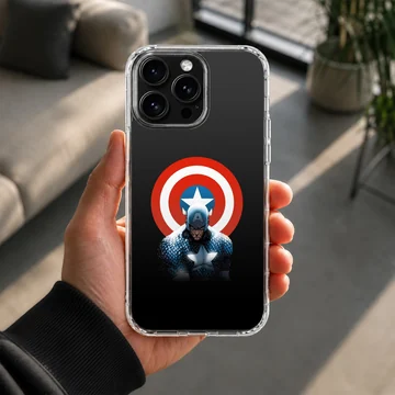 Captain America hero with iconic red, white, and blue shield on a phone case — Lifestyle