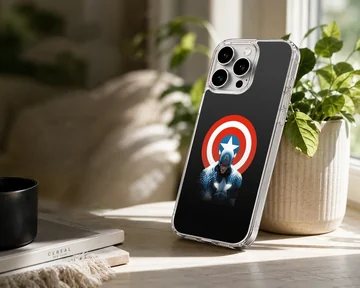 Captain America hero with iconic red, white, and blue shield on a phone case — Lifestyle