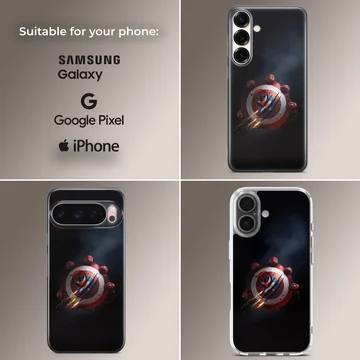Heroic red and blue shield with dramatic battle claw marks on a phone case — Collage