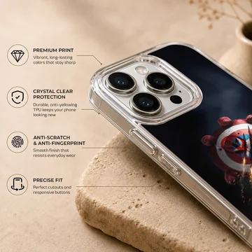 Heroic red and blue shield with dramatic battle claw marks on a phone case — Info