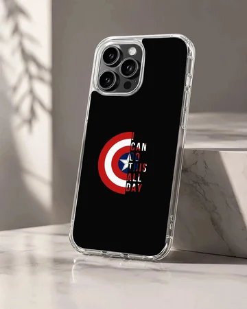 Captain America shield graphic with bold quote typography on a black phone case