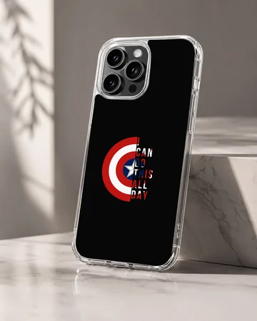 Captain America shield graphic with bold quote typography on a black phone case — Hero