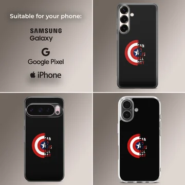 Captain America shield graphic with bold quote typography on a black phone case — Collage
