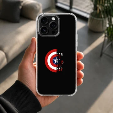 Captain America shield graphic with bold quote typography on a black phone case — Lifestyle
