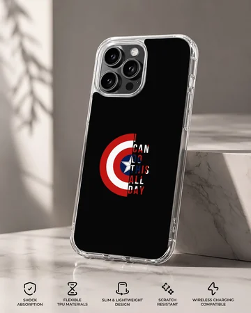 Captain America shield graphic with bold quote typography on a black phone case — Specs