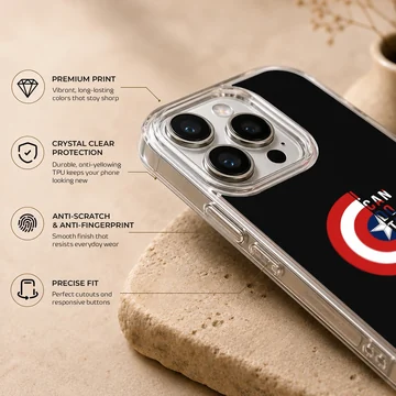 Captain America shield graphic with bold quote typography on a black phone case — Info