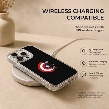 Captain America shield graphic with bold quote typography on a black phone case — Charging
