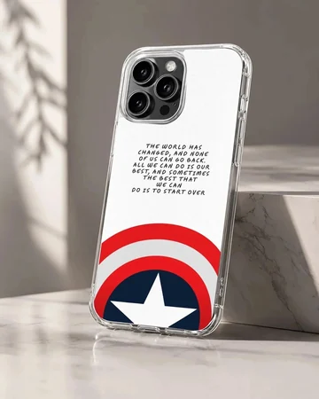 A phone case featuring inspiring cinematic text above a classic red, white, and blue shield emblem with a white star.