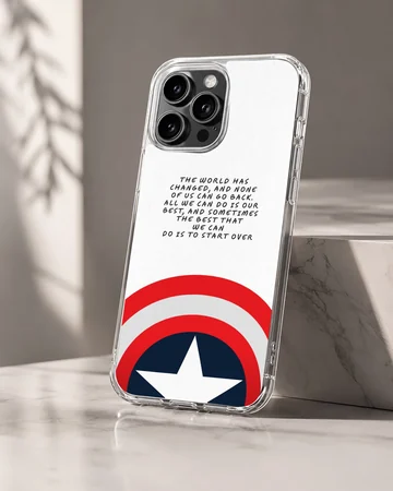 A phone case featuring inspiring cinematic text above a classic red, white, and blue shield emblem with a white star. — Hero