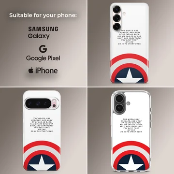 A phone case featuring inspiring cinematic text above a classic red, white, and blue shield emblem with a white star. — Collage