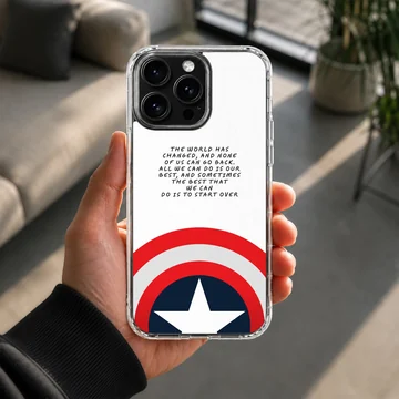 A phone case featuring inspiring cinematic text above a classic red, white, and blue shield emblem with a white star. — Lifestyle