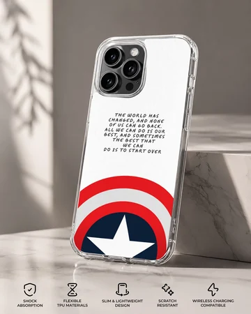 A phone case featuring inspiring cinematic text above a classic red, white, and blue shield emblem with a white star. — Specs