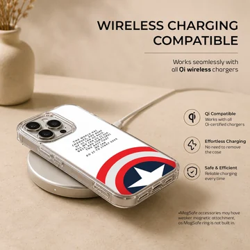 A phone case featuring inspiring cinematic text above a classic red, white, and blue shield emblem with a white star. — Charging