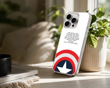 A phone case featuring inspiring cinematic text above a classic red, white, and blue shield emblem with a white star. — Lifestyle