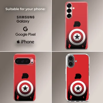 Captain America shield silhouette graphic on a vibrant red background phone case — Collage