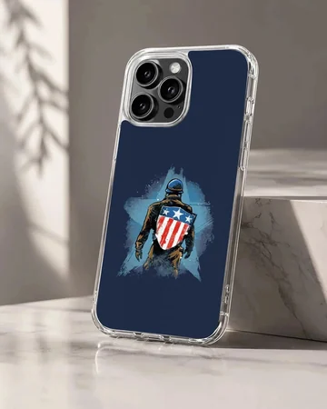 Digital illustration of a hero carrying a starred shield set against a deep blue background on a phone case