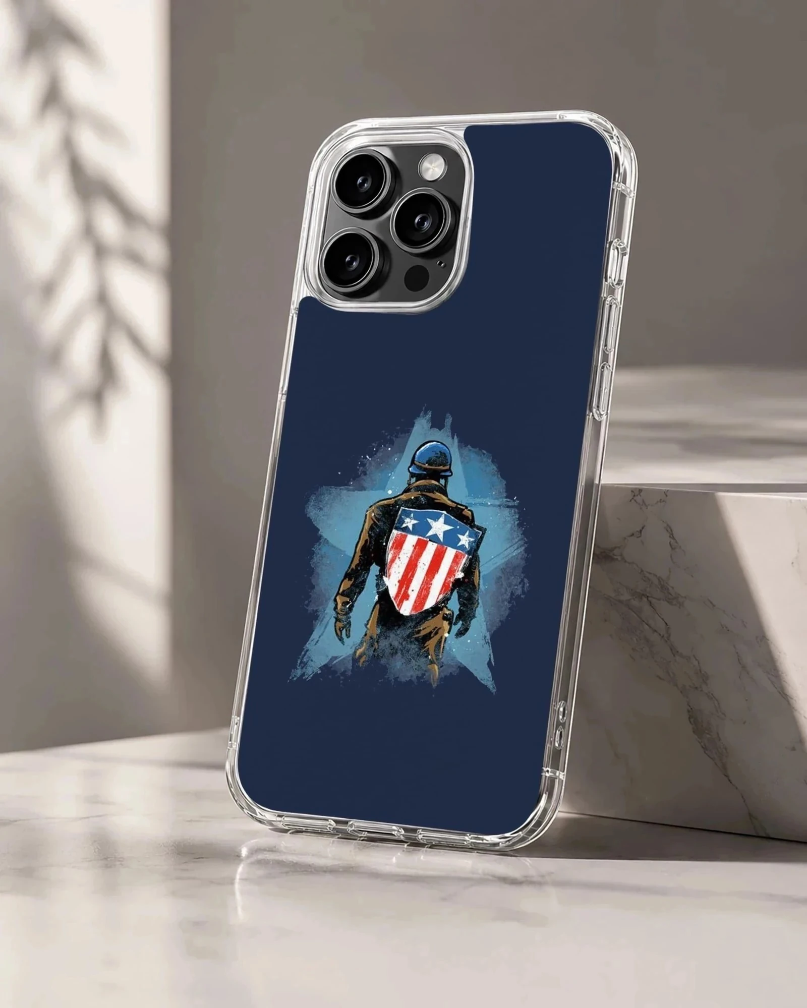 Digital illustration of a hero carrying a starred shield set against a deep blue background on a phone case