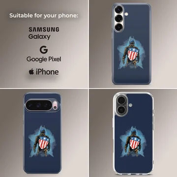 Digital illustration of a hero carrying a starred shield set against a deep blue background on a phone case — Collage