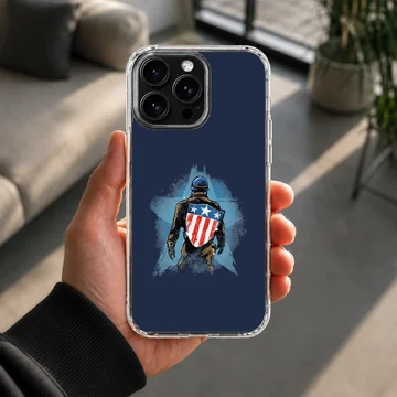 Digital illustration of a hero carrying a starred shield set against a deep blue background on a phone case — Lifestyle