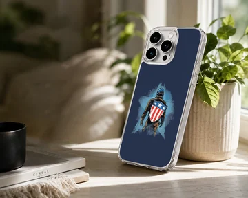 Digital illustration of a hero carrying a starred shield set against a deep blue background on a phone case — Lifestyle